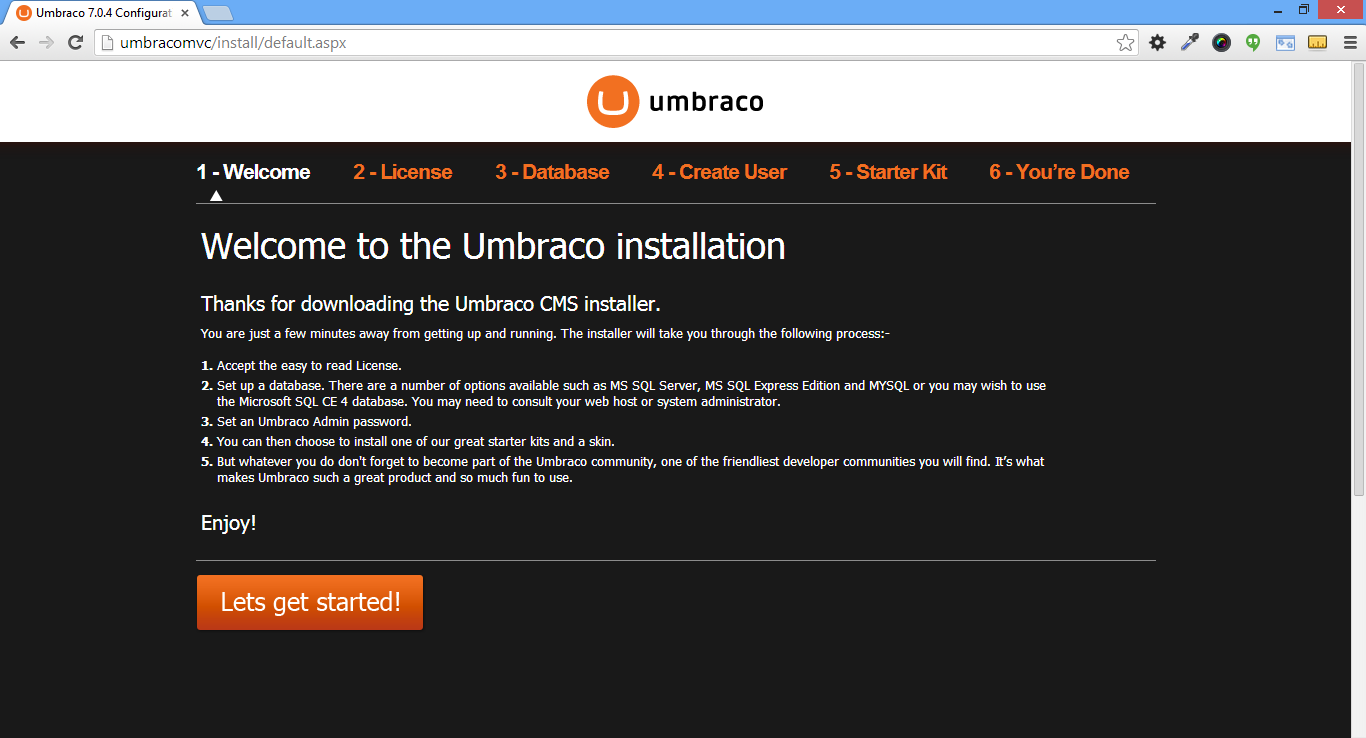 Open browser and start umbraco installation
