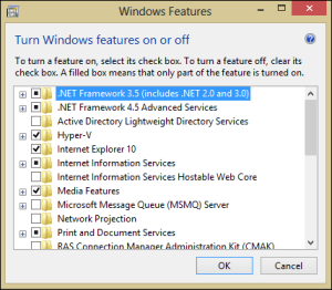 Windows features showing installed .NET 3.5